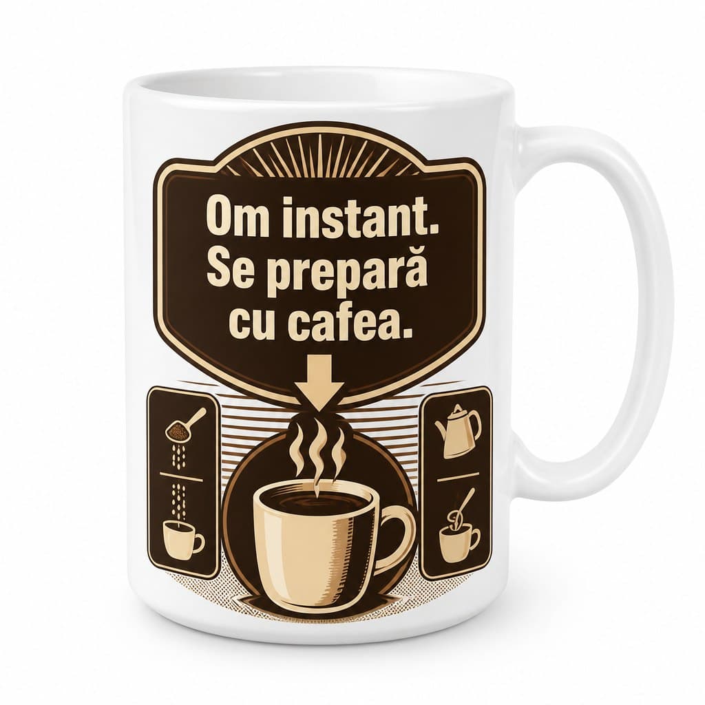 Cană cadou cu mesaj: Om instant. Se prepară cu cafea.