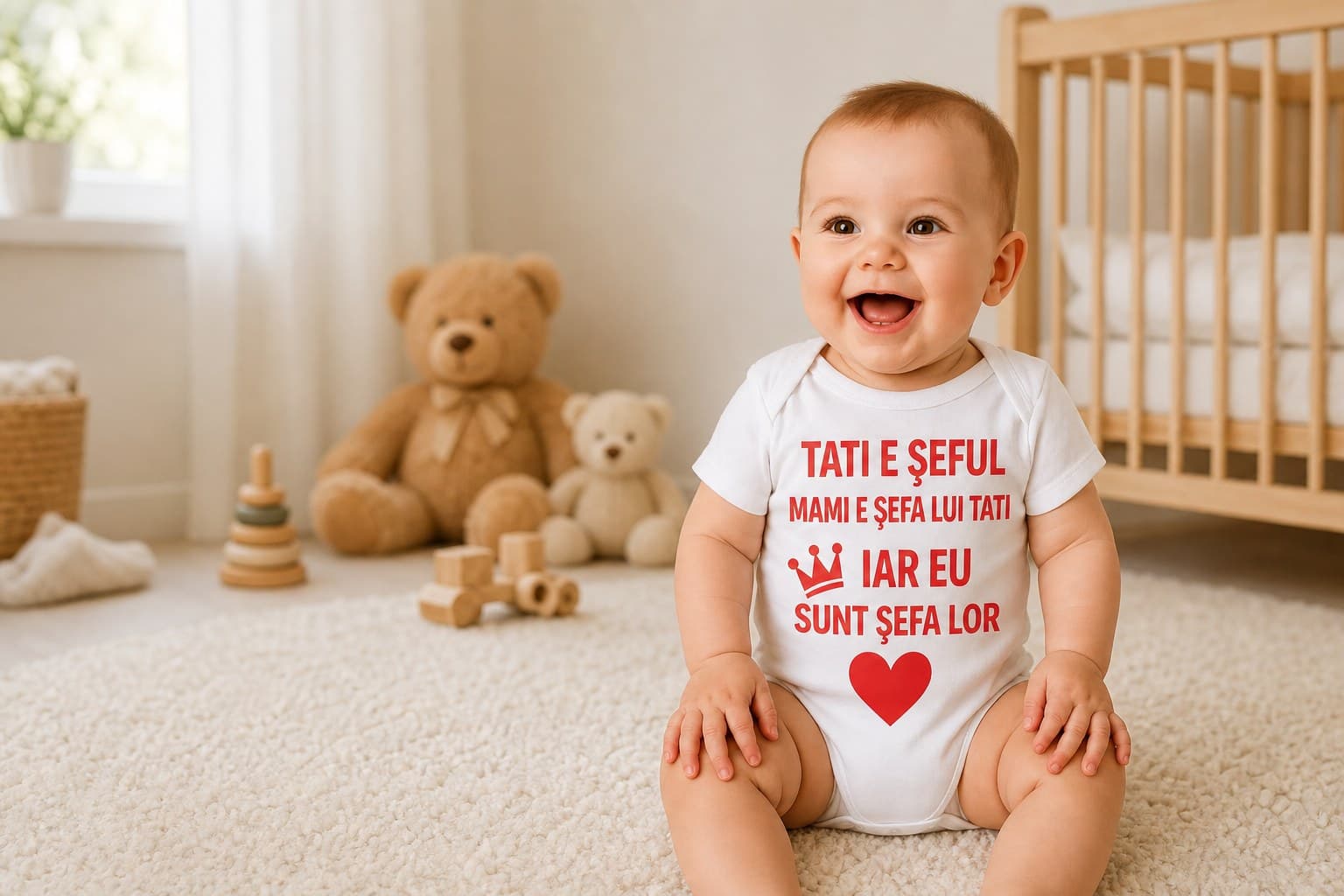 Bebeluș purtând body cu mesajul „Tati e șeful”